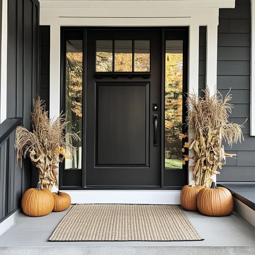 Fall front porch decor ideas with corn stalks and pumpkins.